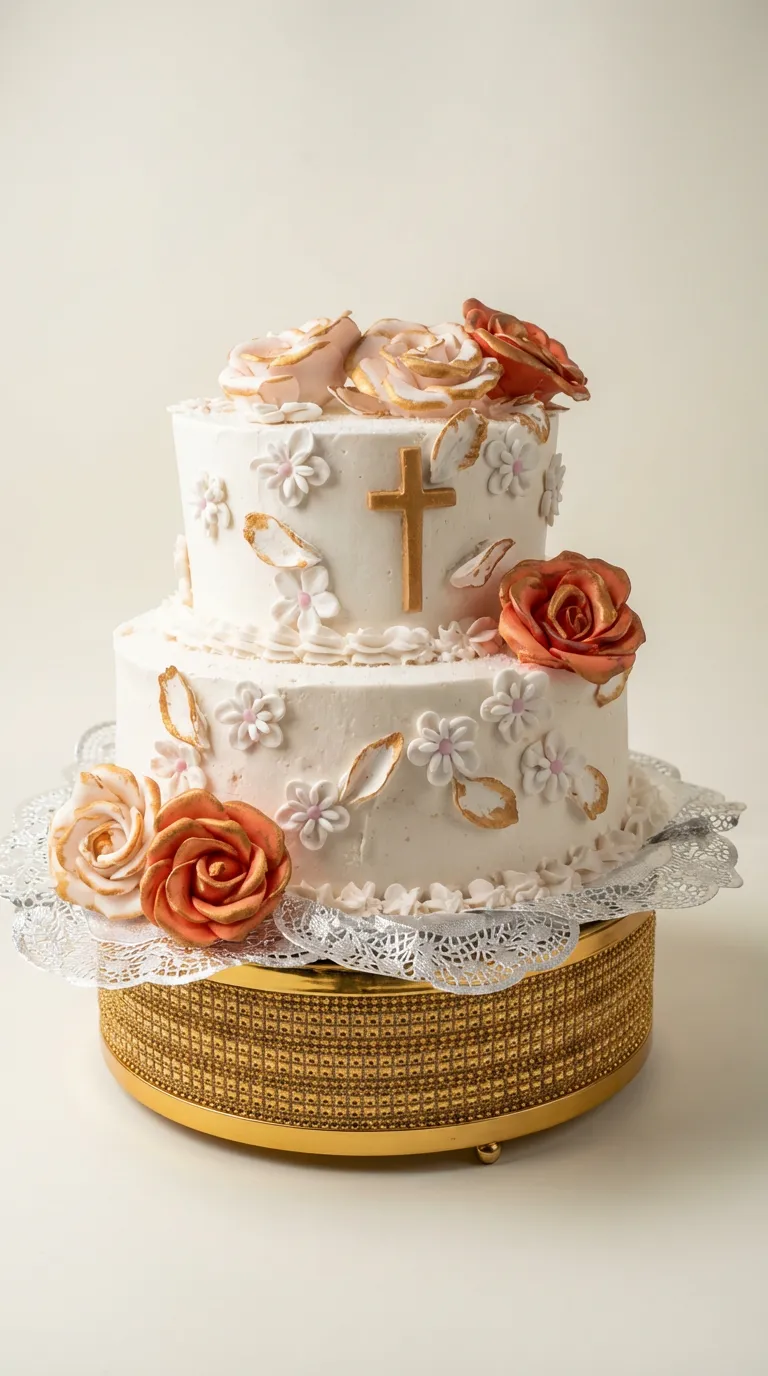 Religious Celebration Roses & Gold Cross Tier Cake